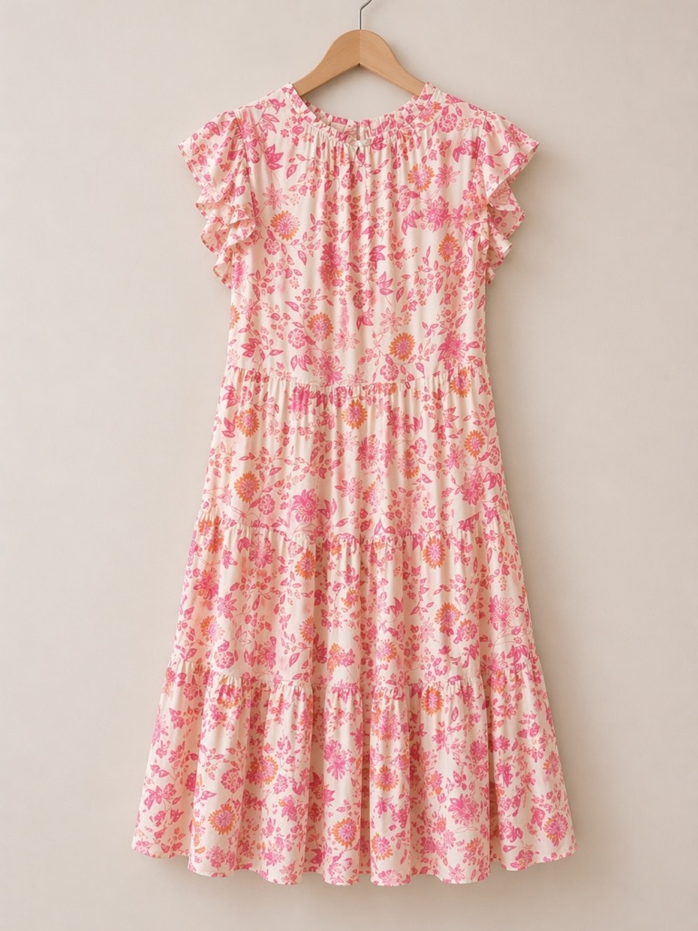 VOY Pink Floral Tiered Midi Dress Ruffle Sleeve Boho Cottagecore NWT Large NWT
